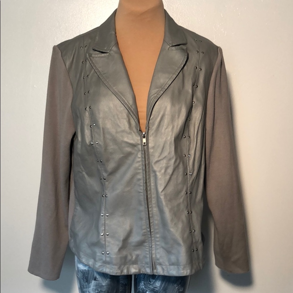 Gray Leather Jacket With Fabric Sleeves